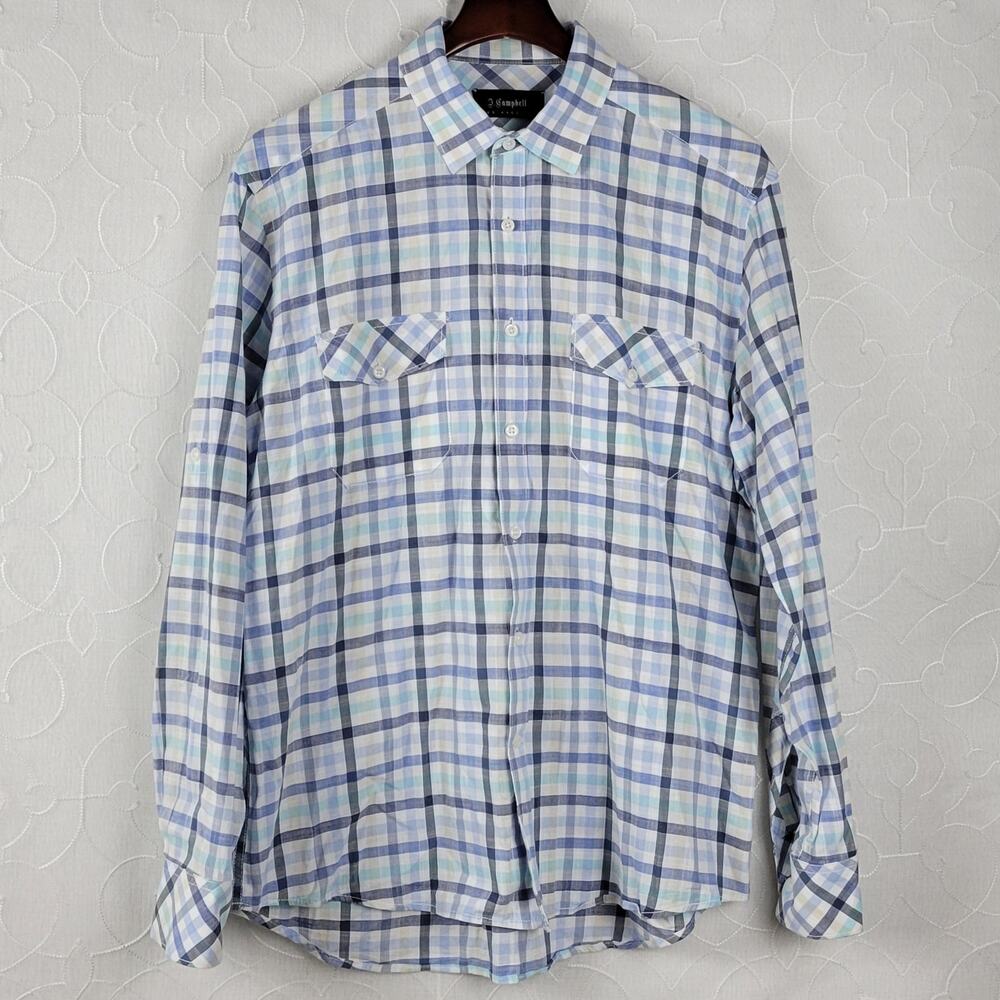 Nordstrom J Campbell Men Shirt Size L Blue Button Down Long Sleeve Chest Pockets
